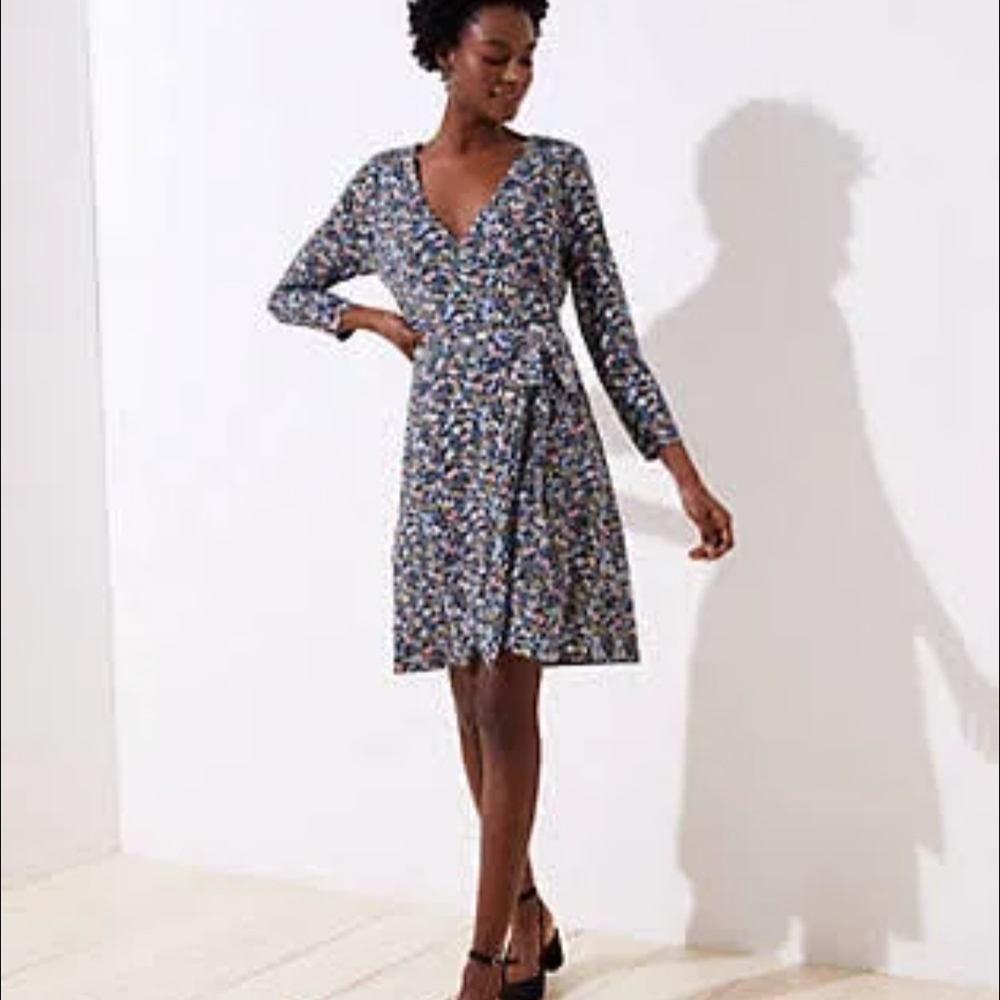 LOFT Black and White Long Sleeve Wrap Dress